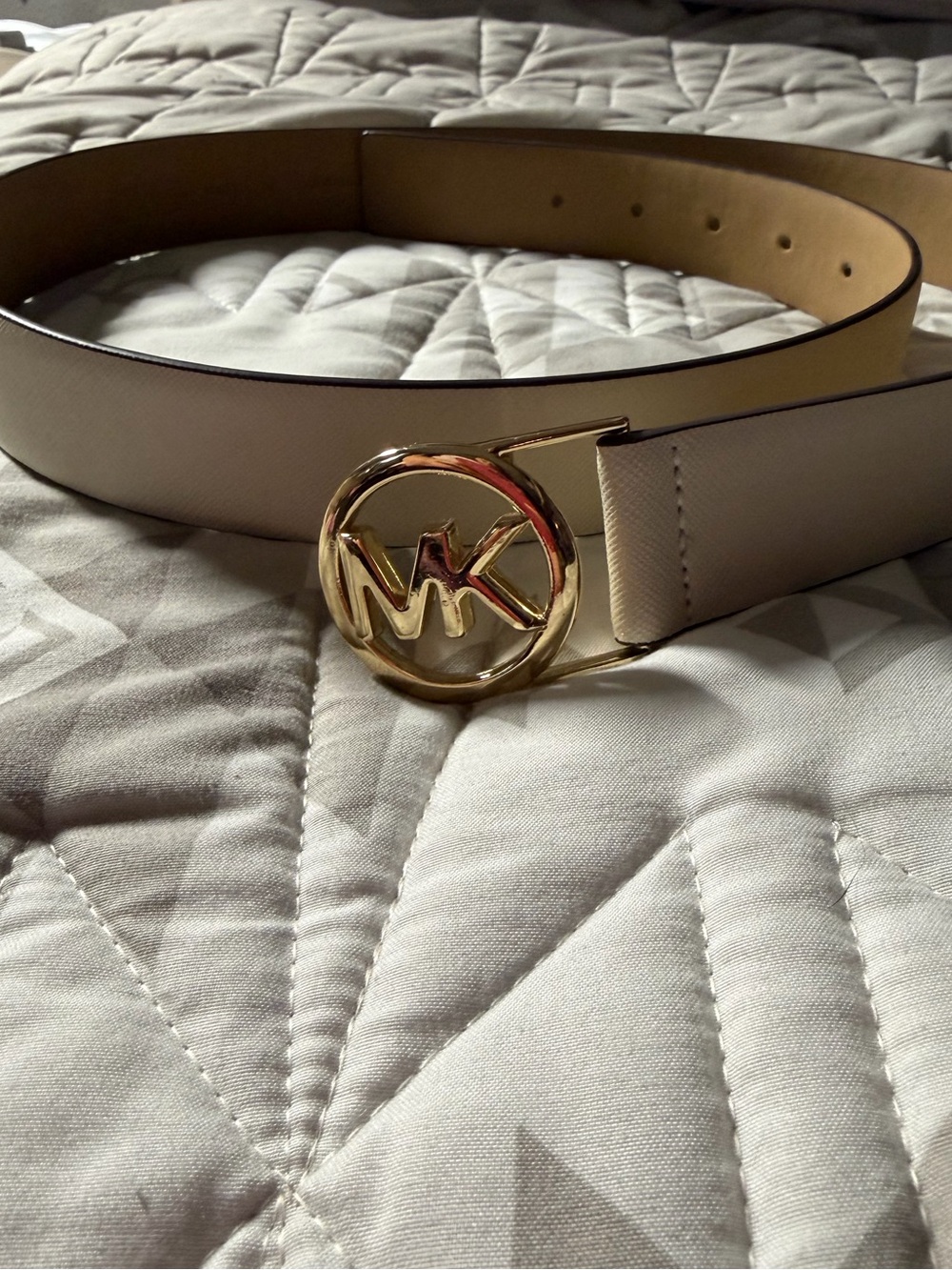Michael Kors Women’s Leather Belt with Gold MK Round Buckle- Large/42inches